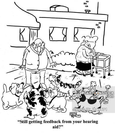 Older lady to husband surrounded by dogs: 'Still getting feedback from your hearing aid?'